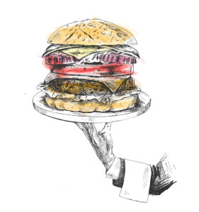 Human Hand holding plate of hungry burger concept, Hand Drawn Sk