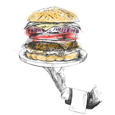 Human Hand holding plate of hungry burger concept, Hand Drawn Sk